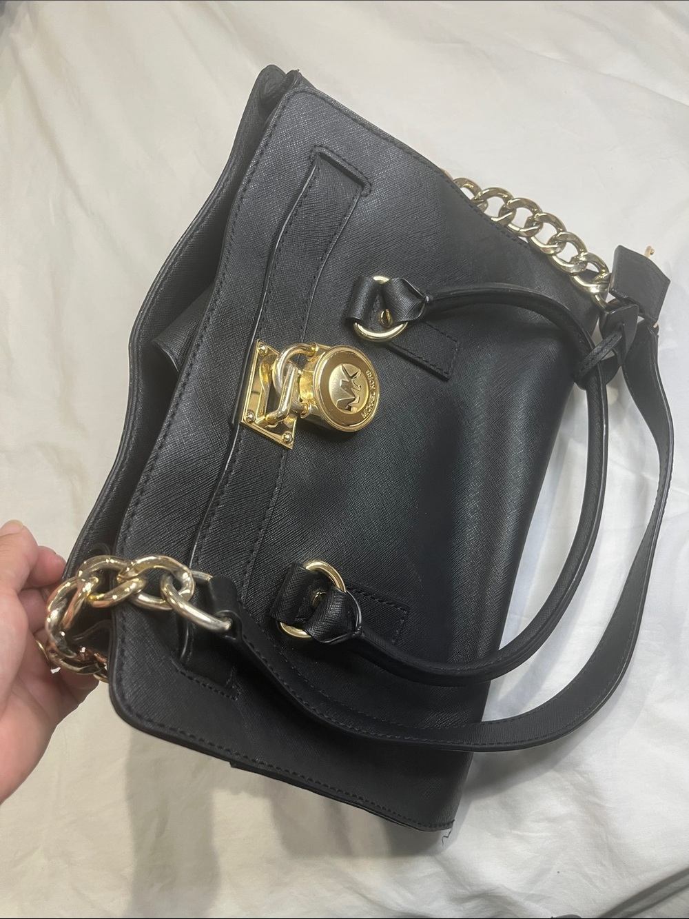 Michael Kors Black Leather Satchel with Gold Chain Hardware